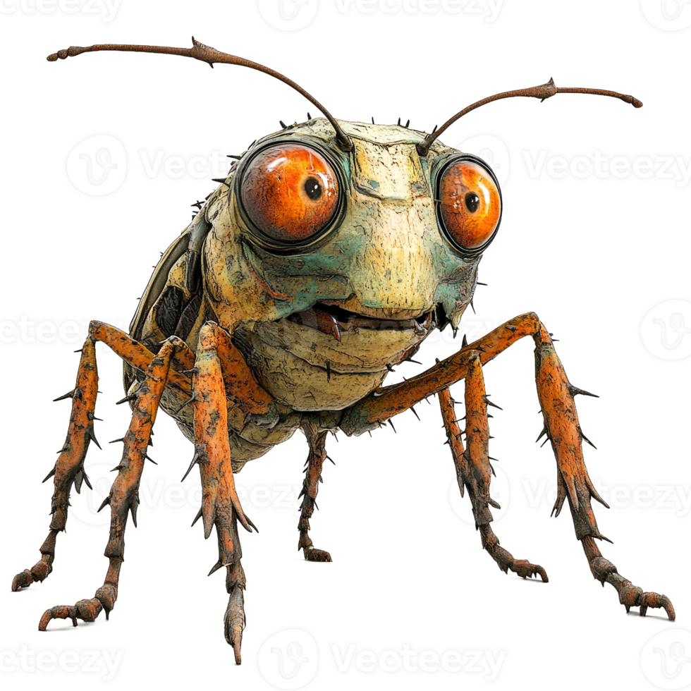 Cartoon bug with large eyes, rusty texture, and spiky legs. png