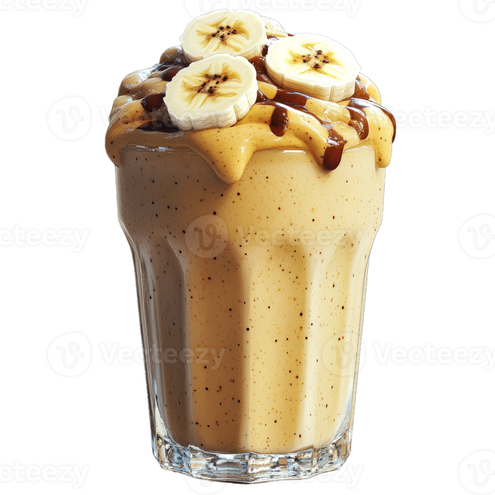 Creamy banana smoothie with chocolate topping in a glass. png