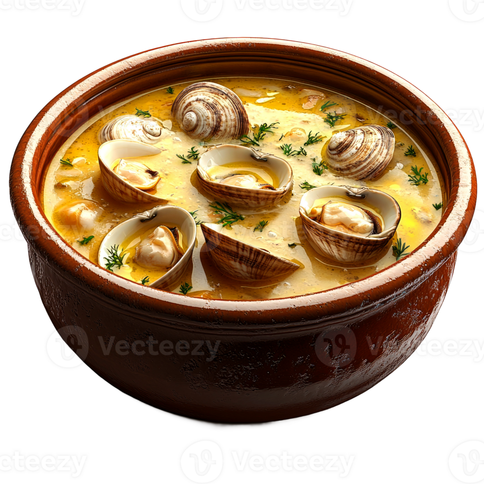 Creamy clam chowder in a rustic bowl, garnished with fresh herbs. png