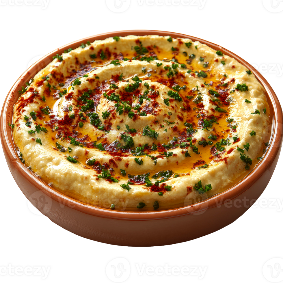 Creamy hummus in bowl, topped with olive oil and paprika. png
