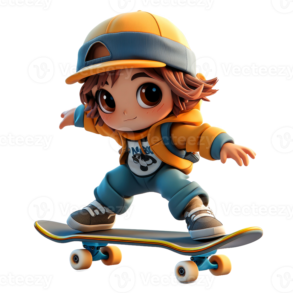 Cute cartoon boy use hat skateboarding png