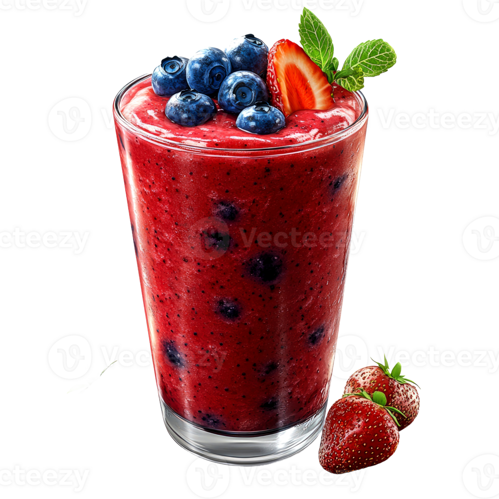 Delicious berry smoothie in a glass with fresh strawberries and blueberries. png