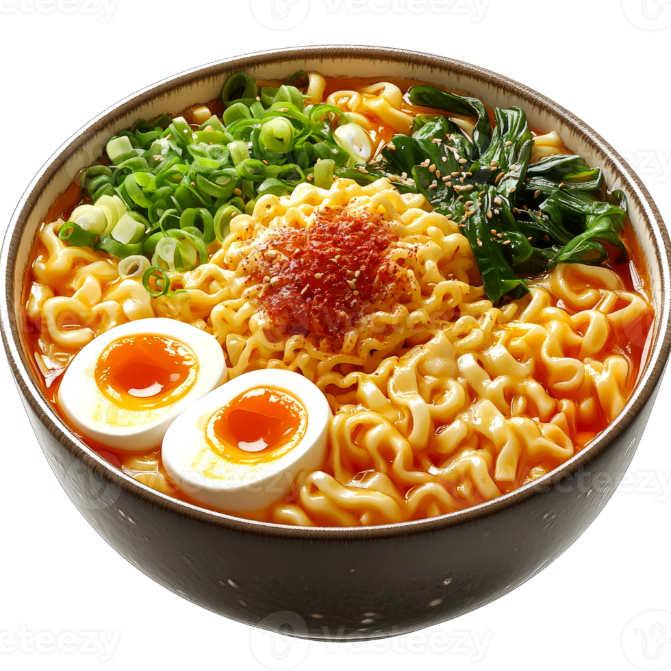 Spicy ramen noodles with egg and vegetables in a bowl. png
