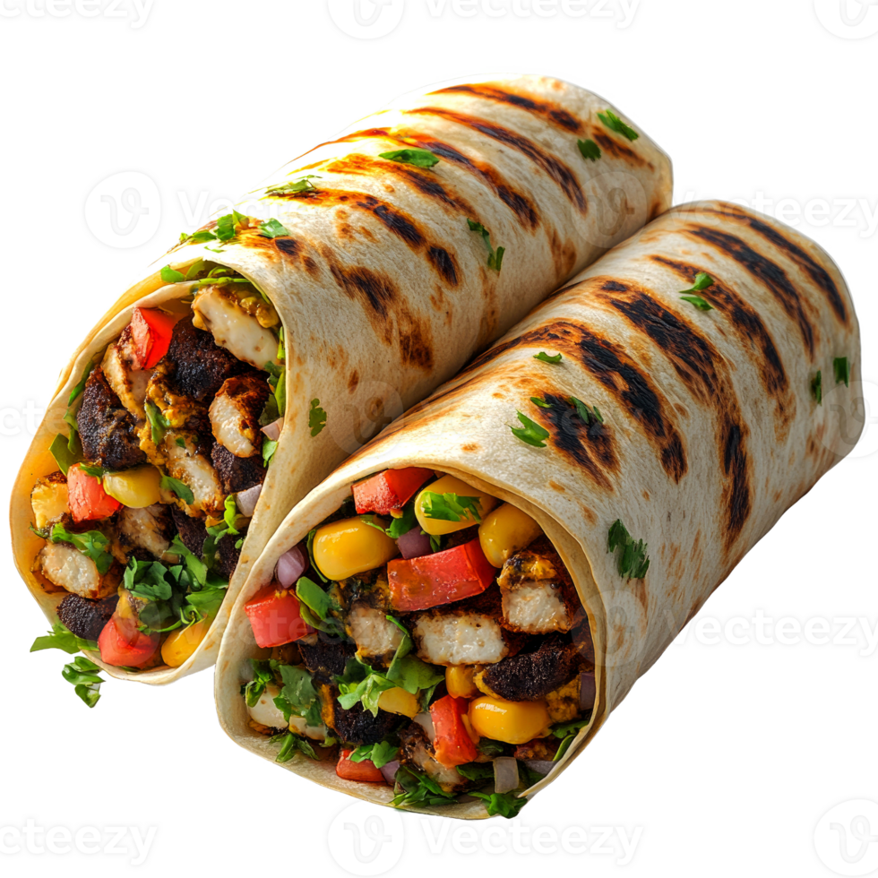 Two grilled chicken burritos with corn, tomatoes, and cilantro. png