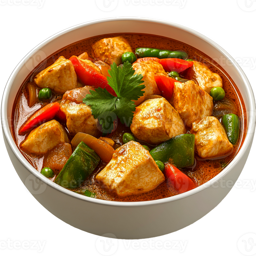 Delicious chicken curry in a bowl with vegetables. png
