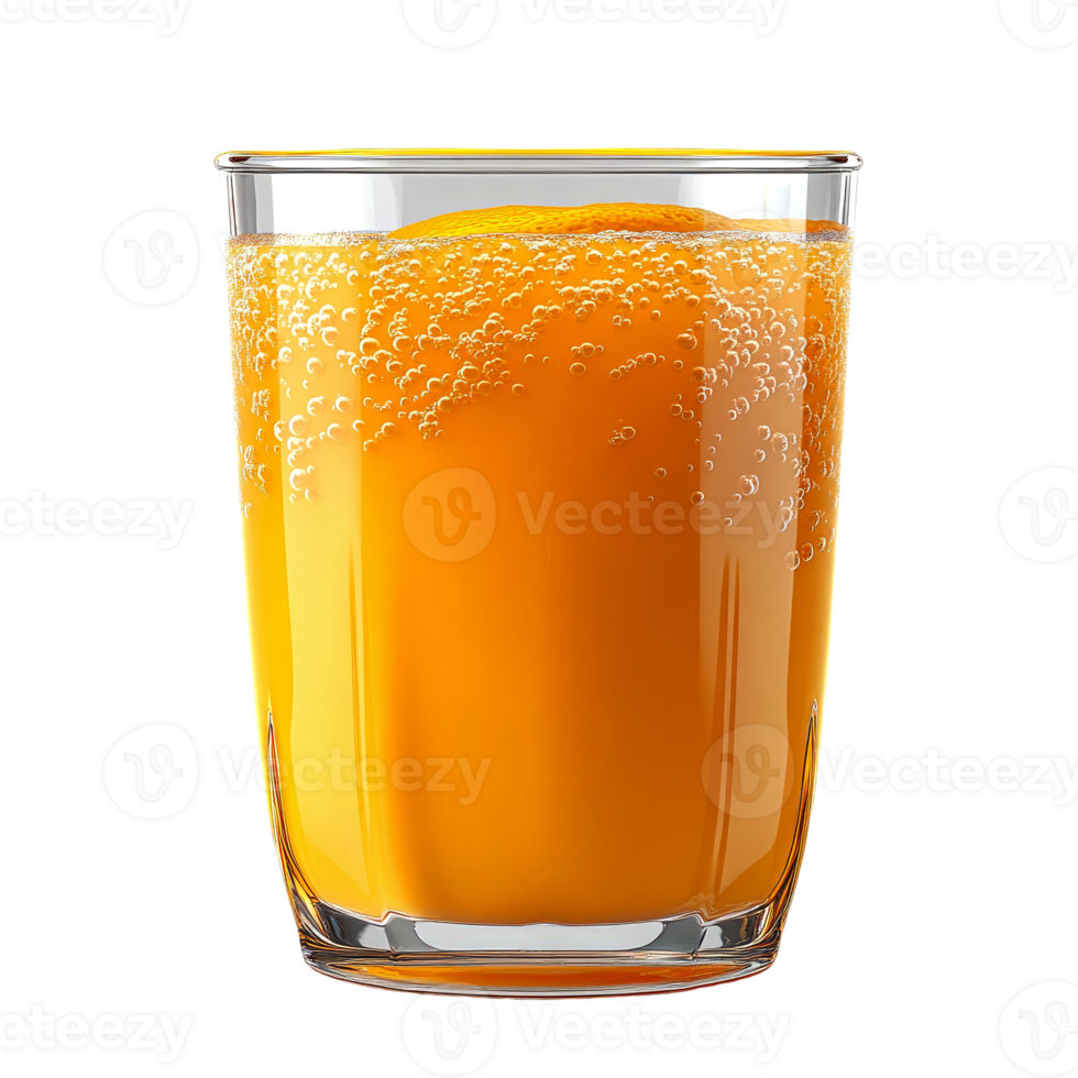 Glass of fizzy orange juice with bubbles. png