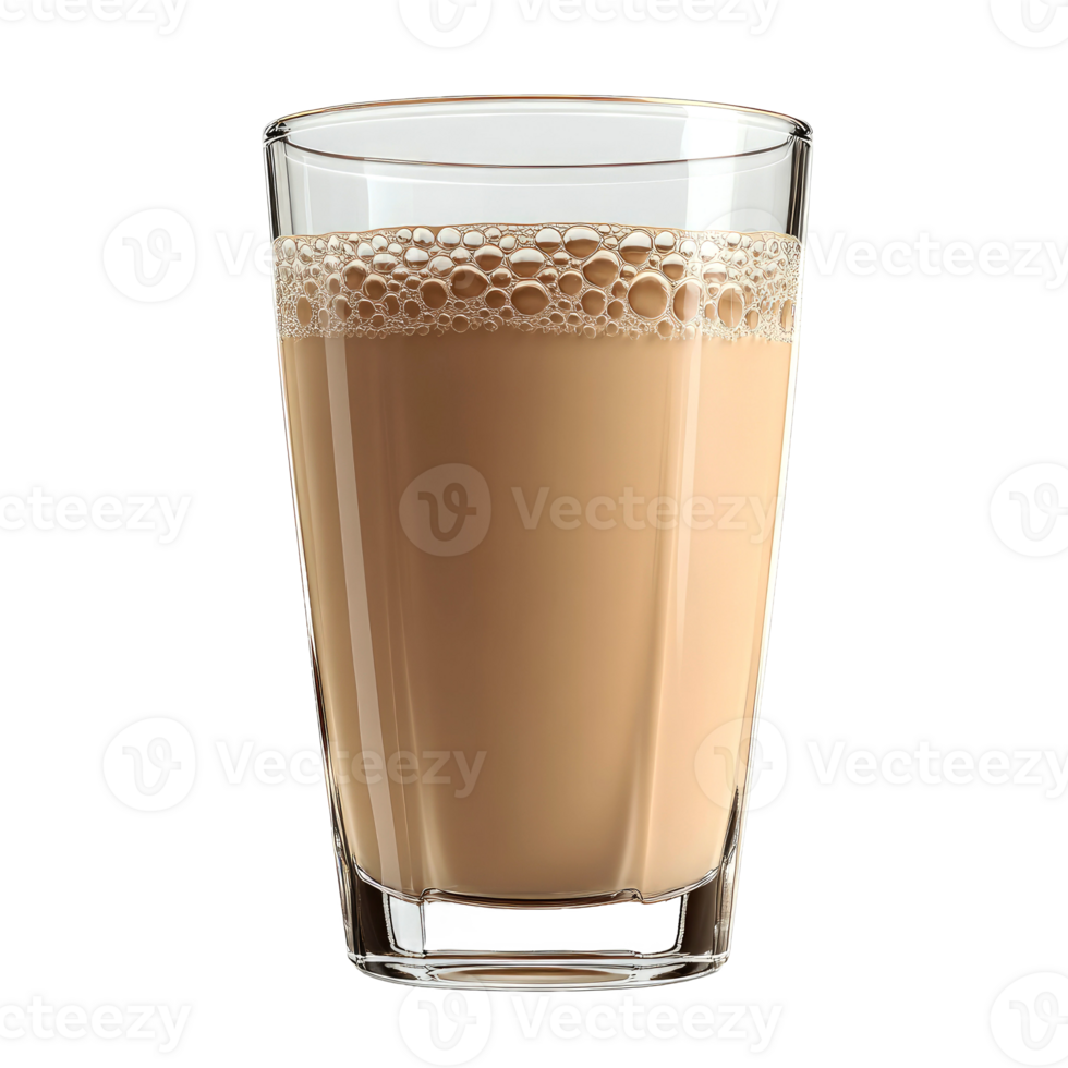 Glass of light brown frothy beverage. png