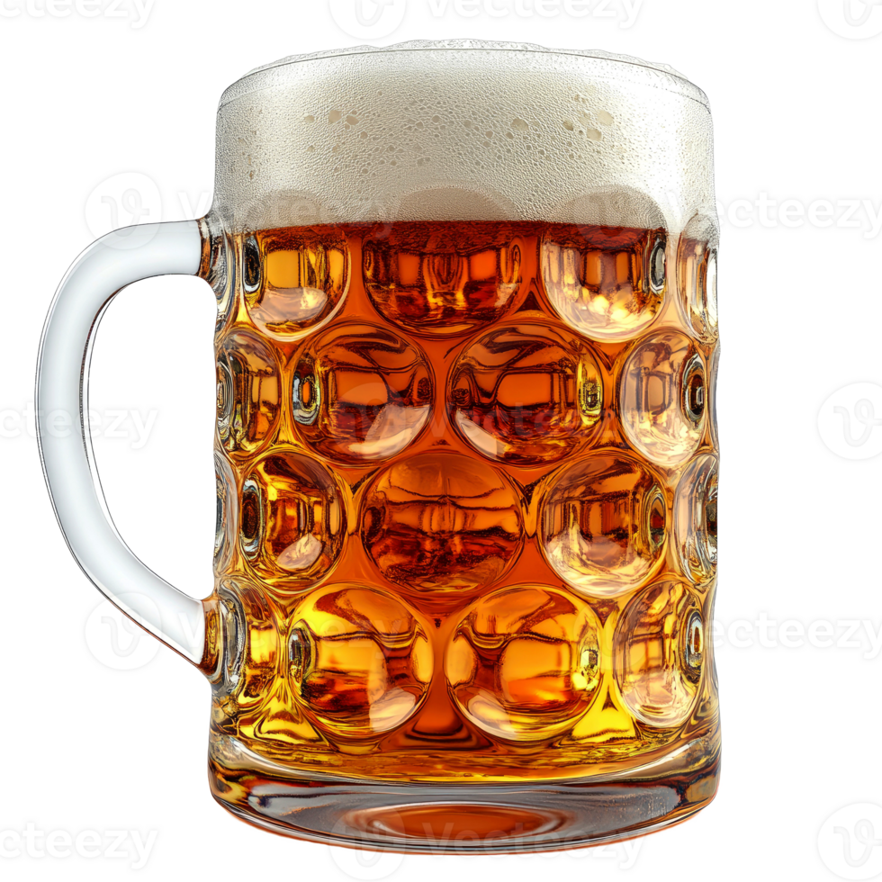 Glass beer mug with frothy beer. png