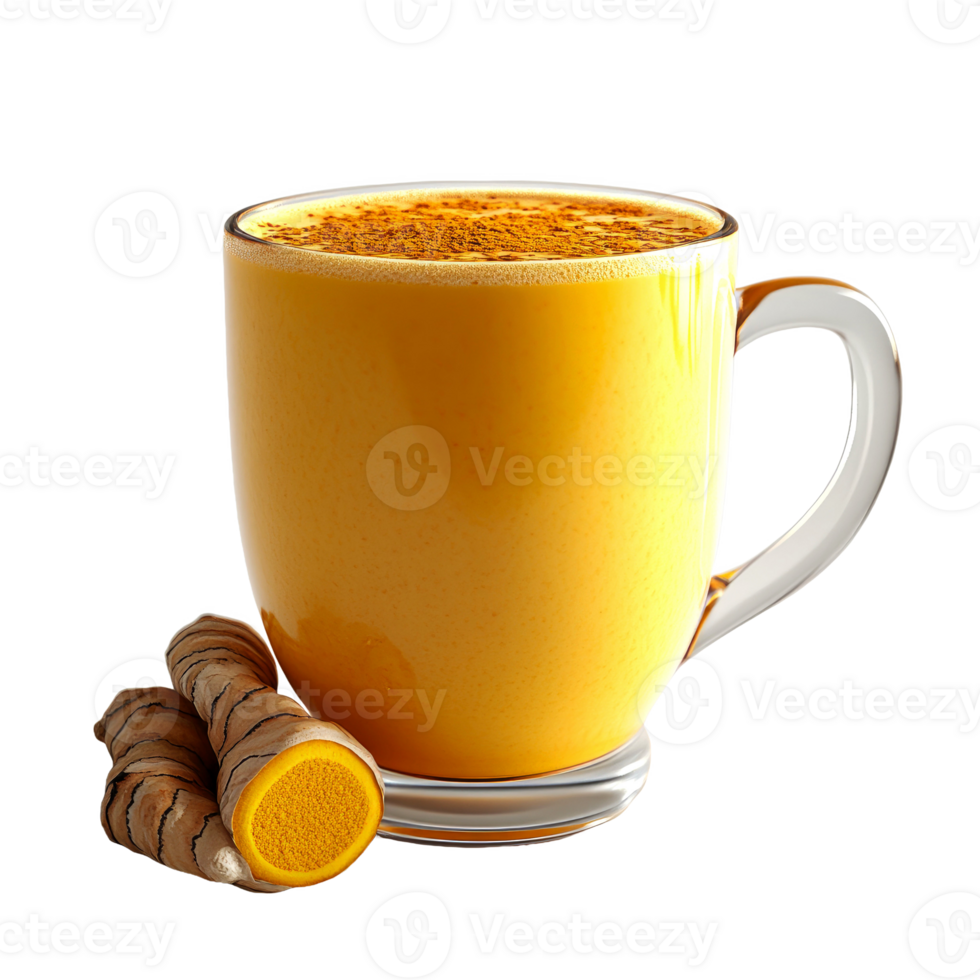 Golden turmeric latte in glass mug. png