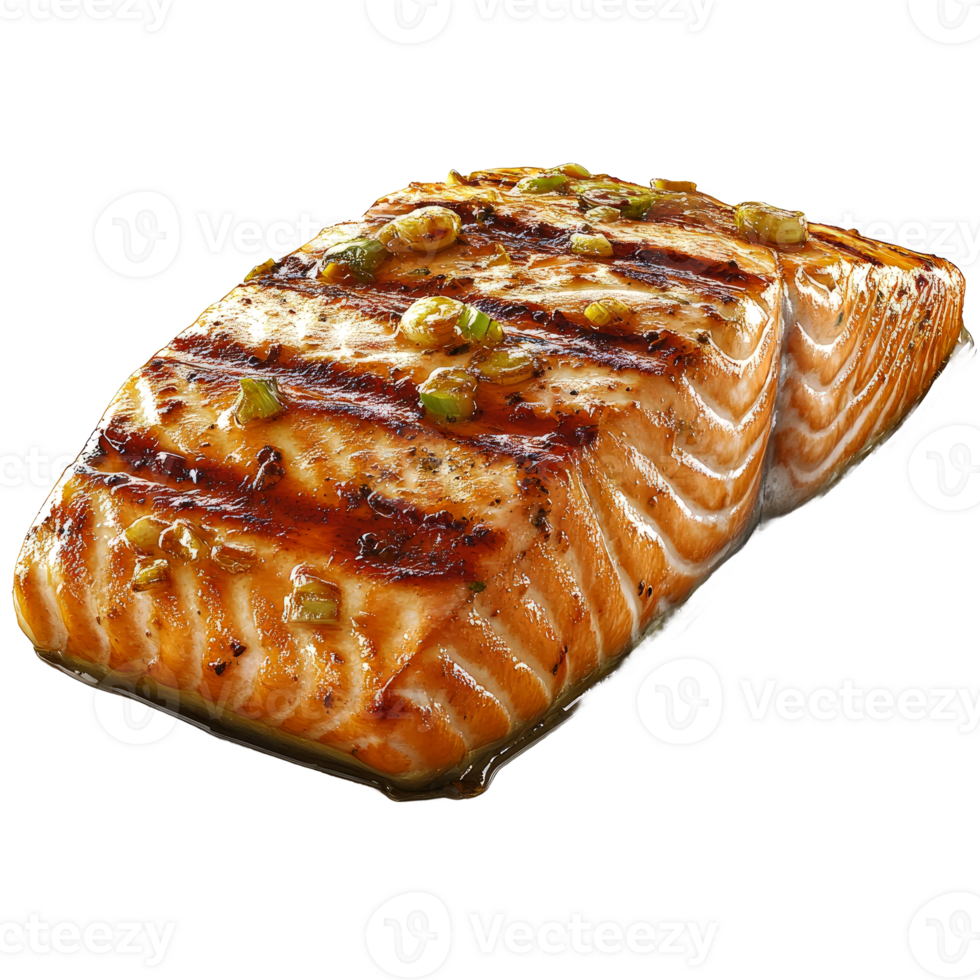 Grilled salmon fillet with glaze and scallions. png