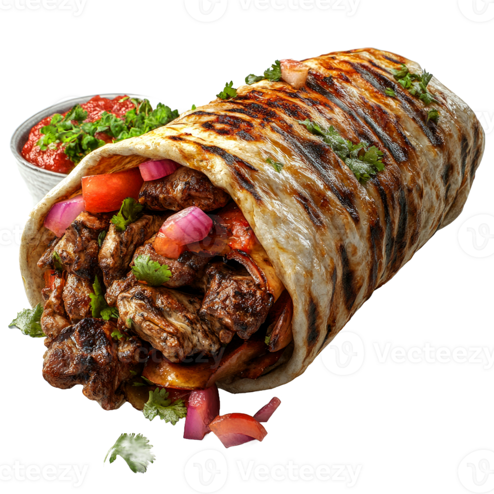 Grilled meat, vegetables, and salsa in a warm tortilla wrap. png