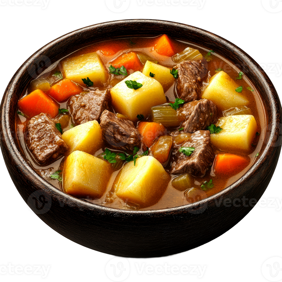 Hearty beef stew in a rustic bowl with potatoes and carrots. png