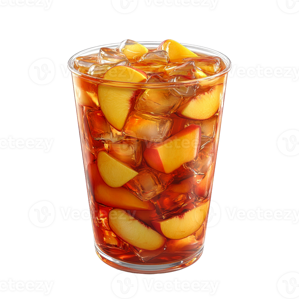 Iced tea with peach slices and ice cubes in a glass. png