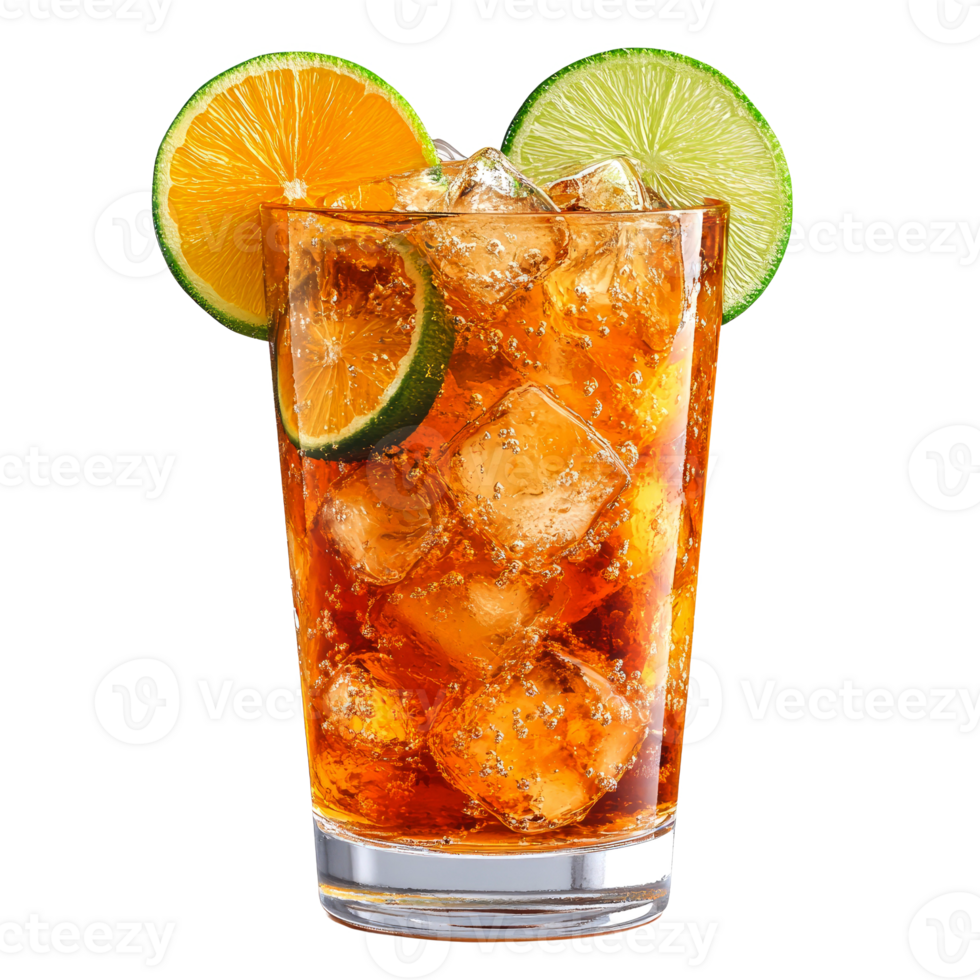 Iced tea with lime and orange slices in a tall glass. png