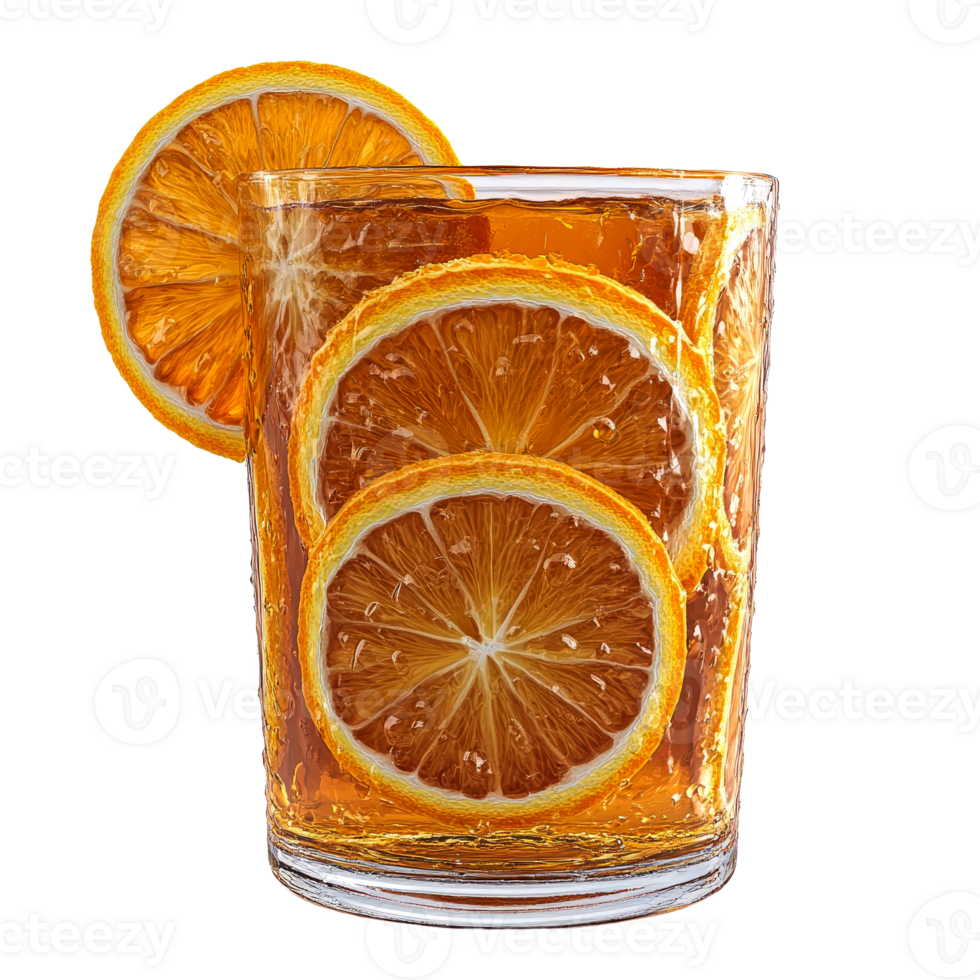 Iced tea with orange slices in a glass. png