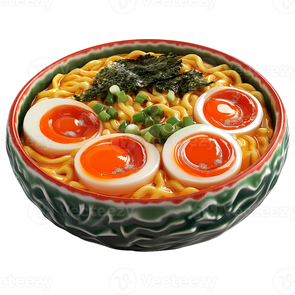 Ramen noodles in a bowl with four soft boiled eggs and seaweed. png