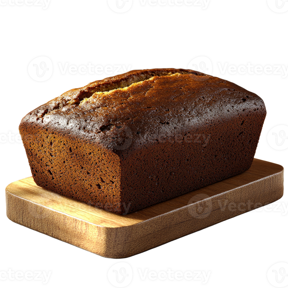 Loaf of banana bread on wooden board. png