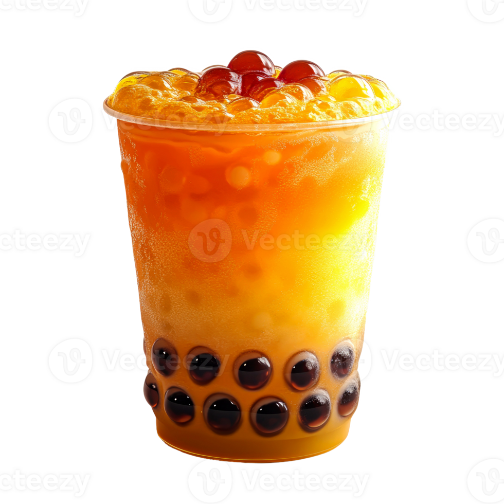 Refreshing orange and brown bubble tea in a clear cup with tapioca pearls. png