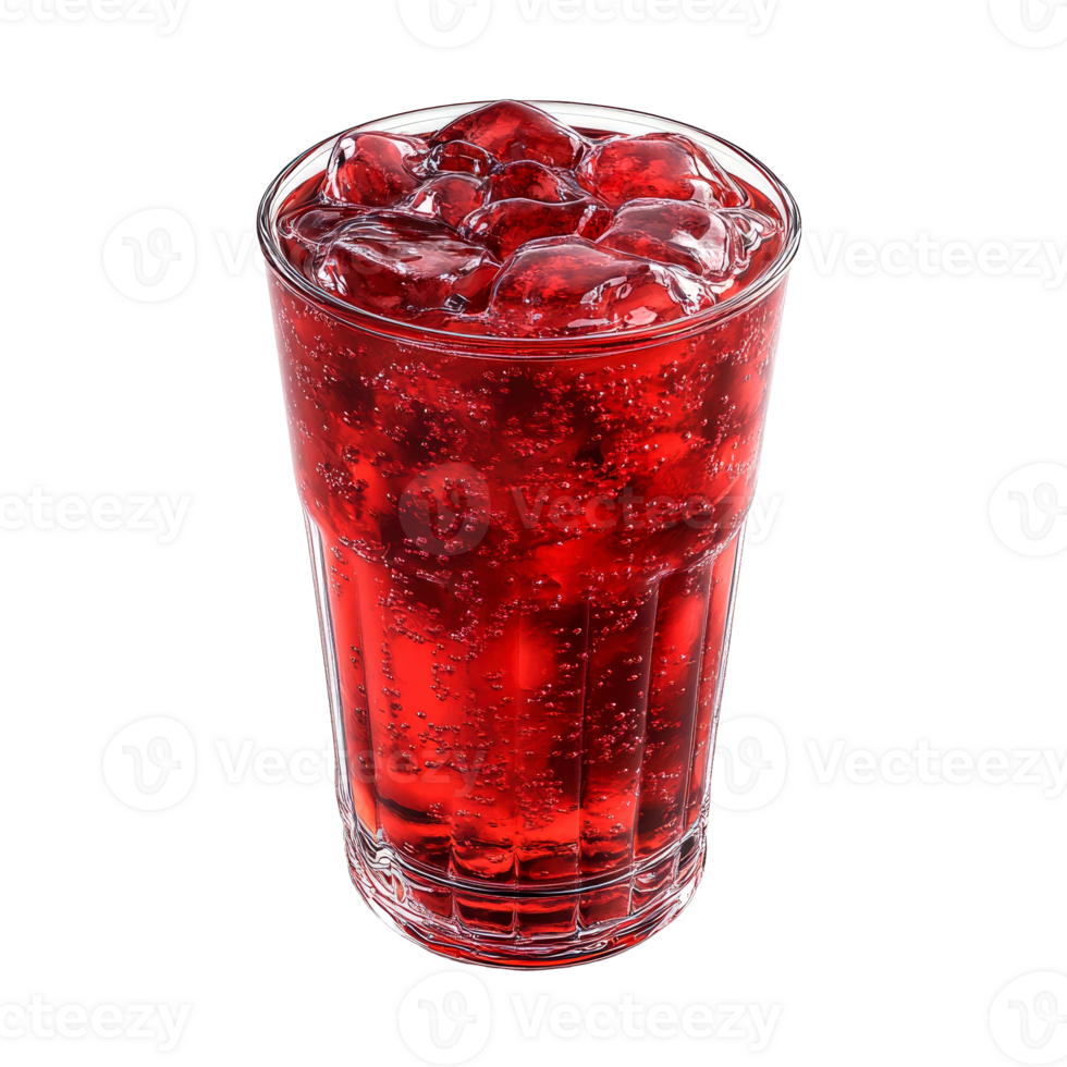 Refreshing red soda with ice in a glass. png