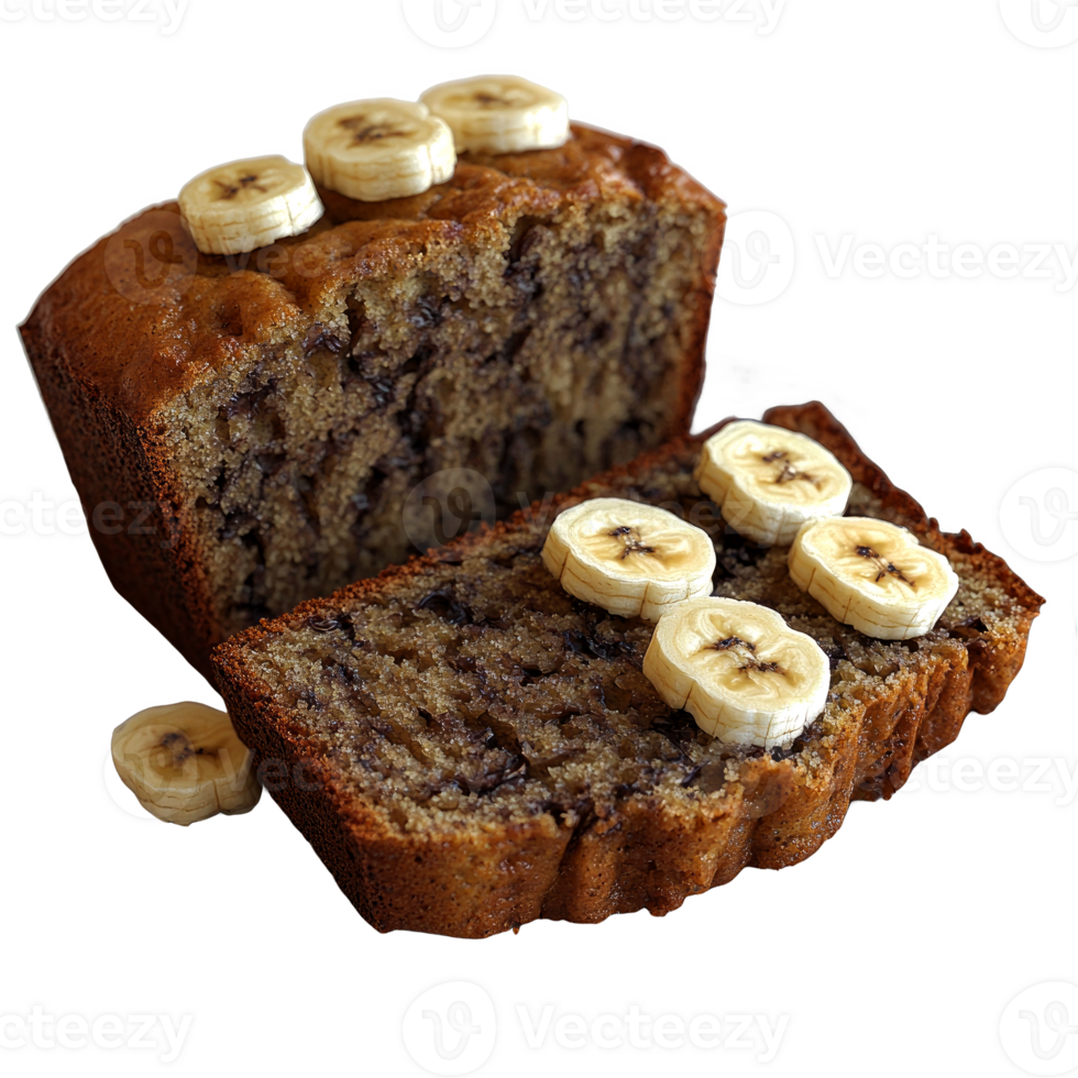 Sliced banana bread with banana slices on top. png