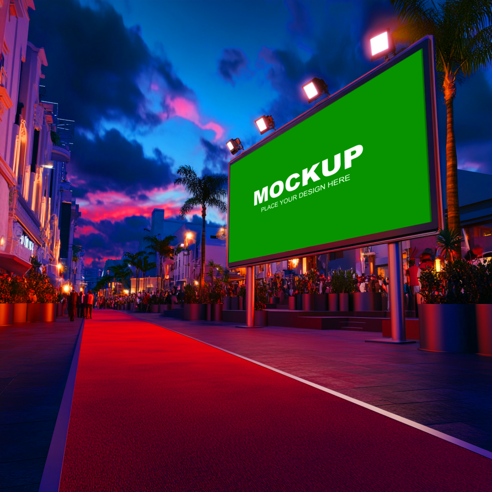 Mockup of a billboard on a red carpet at night psd