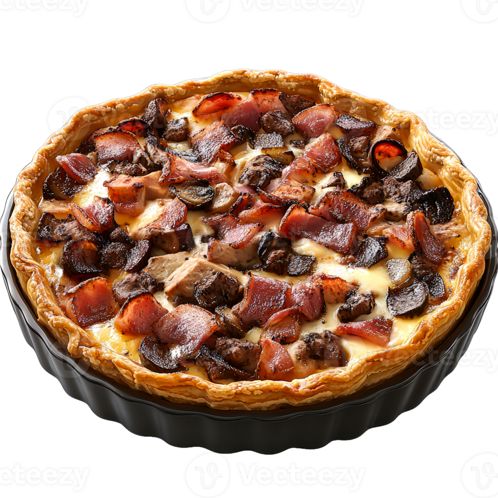 Savory quiche with bacon, mushrooms, and cheese in a dark crust. png