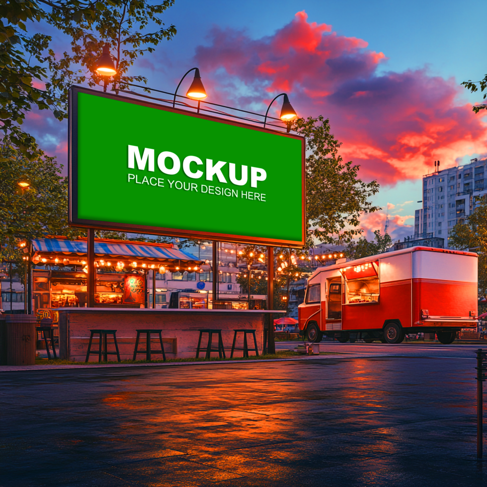 Mockup of a food truck at sunset psd