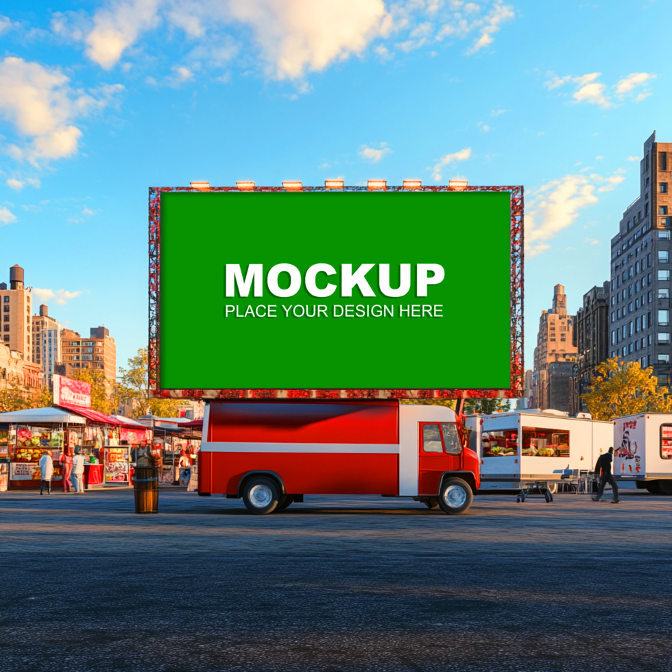 Mockup of a billboard on a street with a truck psd