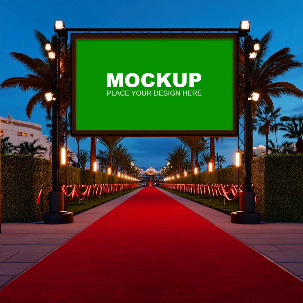 Red carpet mockup with a green billboard psd