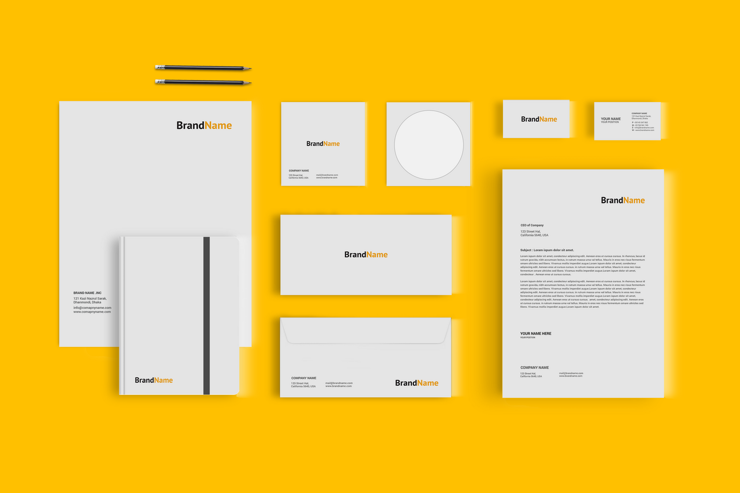 Front Stationary Mockup Template Yellow Background psd