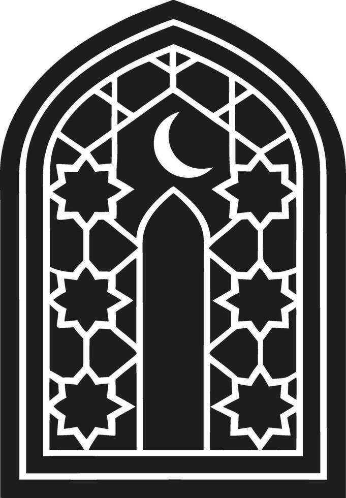 Silhouette Islamic Window with Geometric Patterns and Crescent Moon Illustration vector