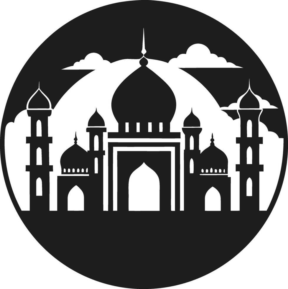 Islamic Mosque Silhouette in Circular Design with Domes and Minarets vector