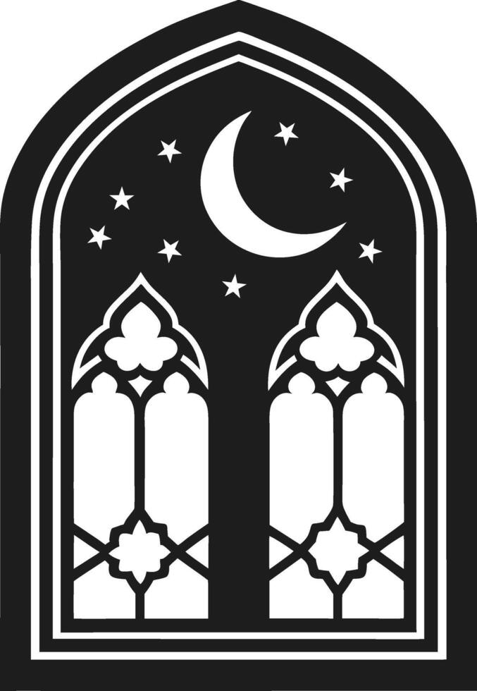 Intricate Islamic Pattern Window Silhouette with Crescent Moon and Stars - Illustration vector
