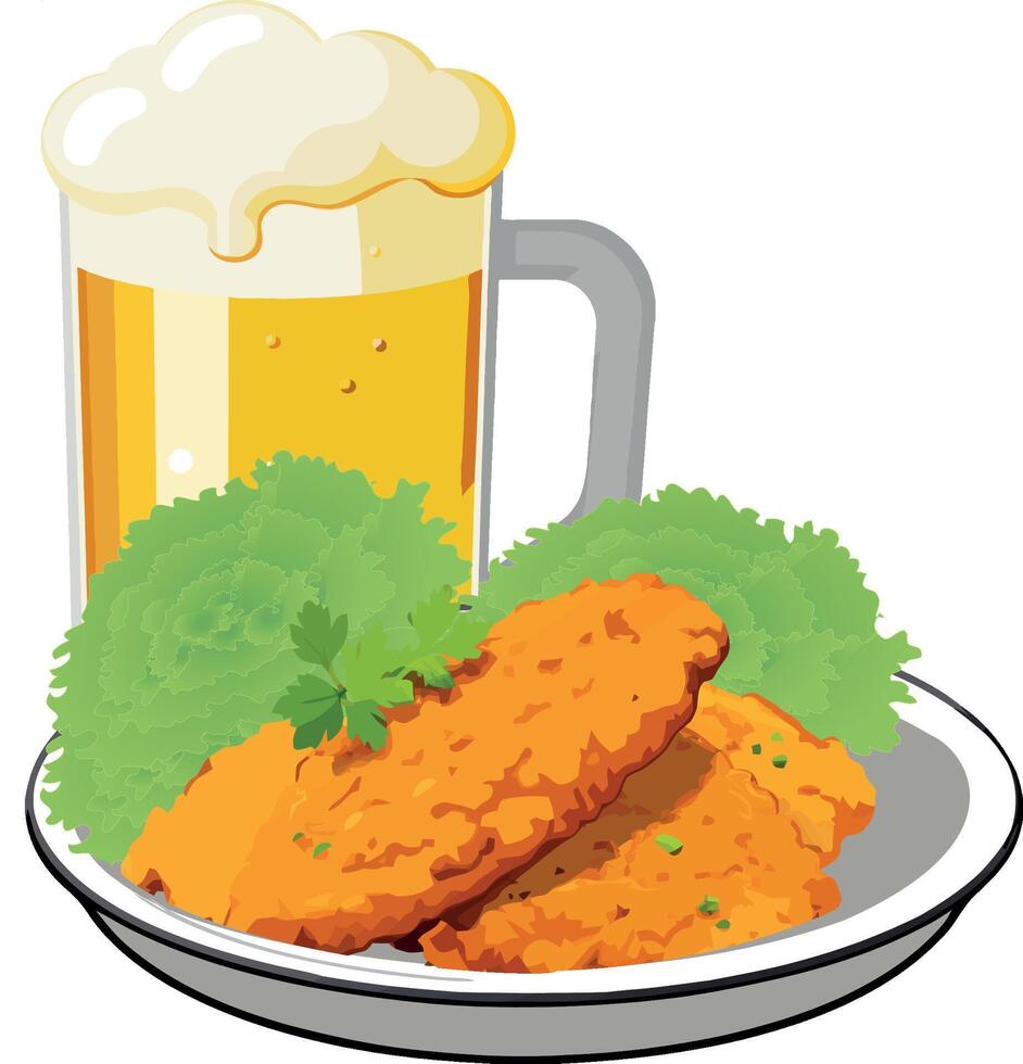 Breaded cutlets served with parsley and glass of red wine vector