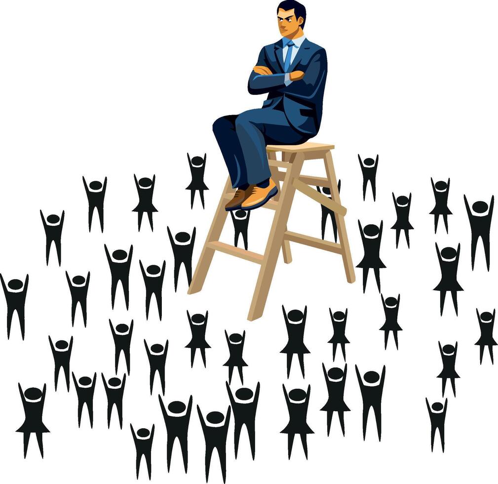 A man in a suit sitting on a chair surrounded by many people vector