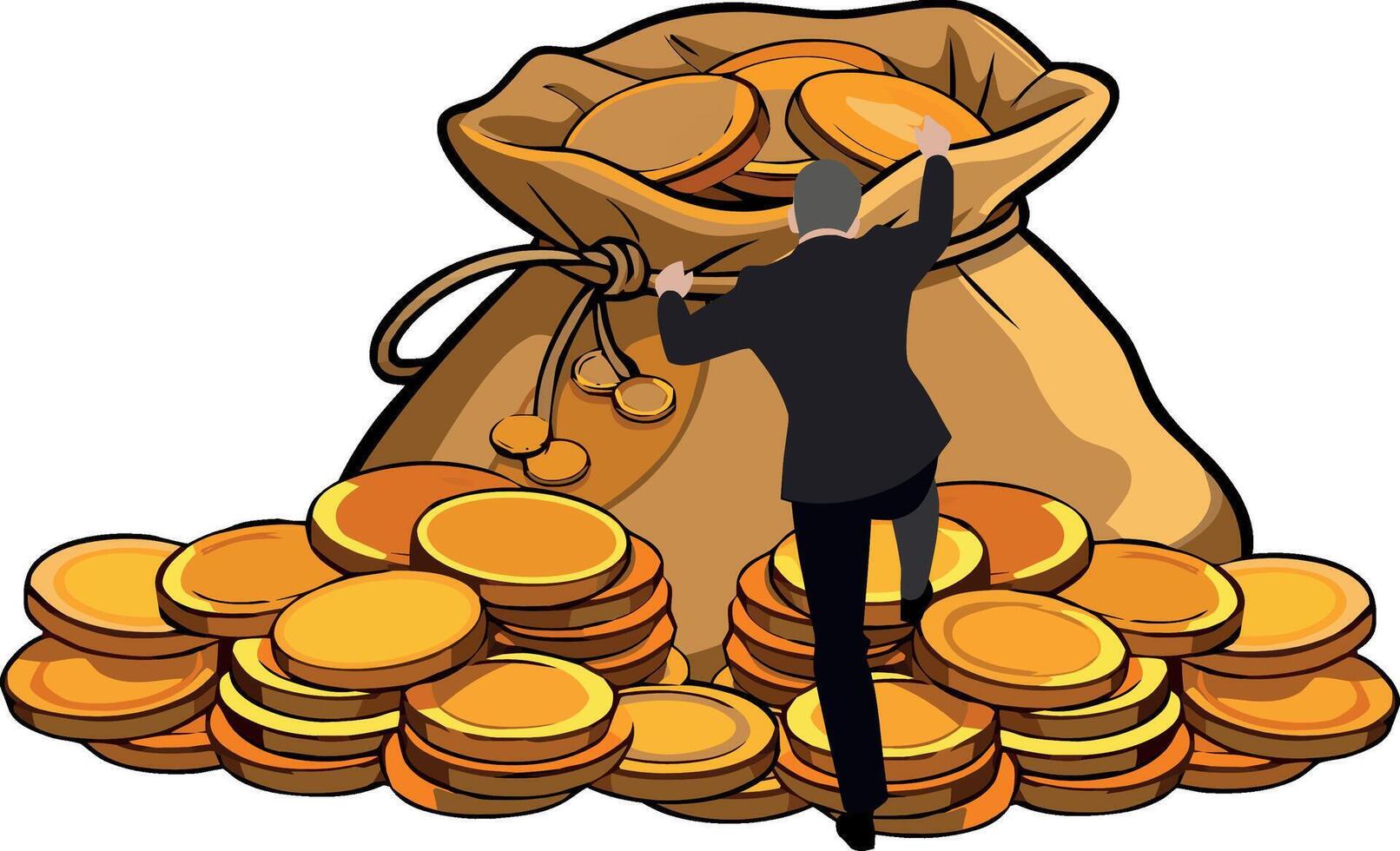 A man in a suit is standing on top of a bag of gold vector