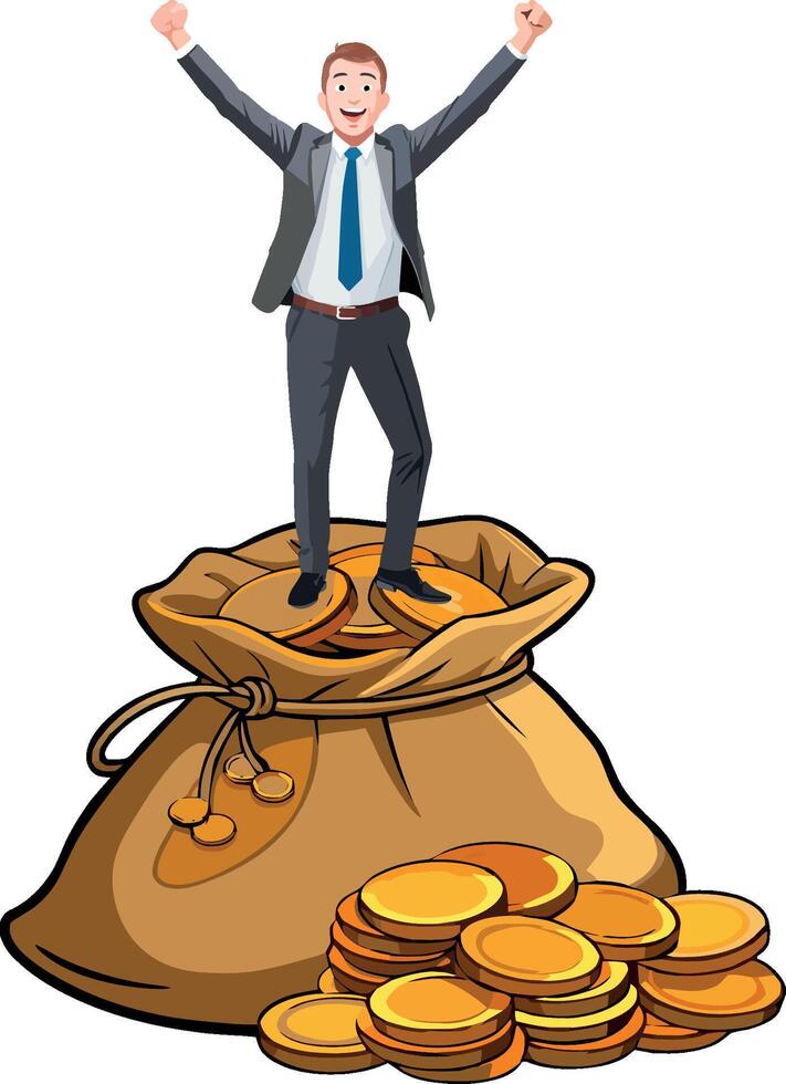 Businessman standing on top of a sack of gold coins vector
