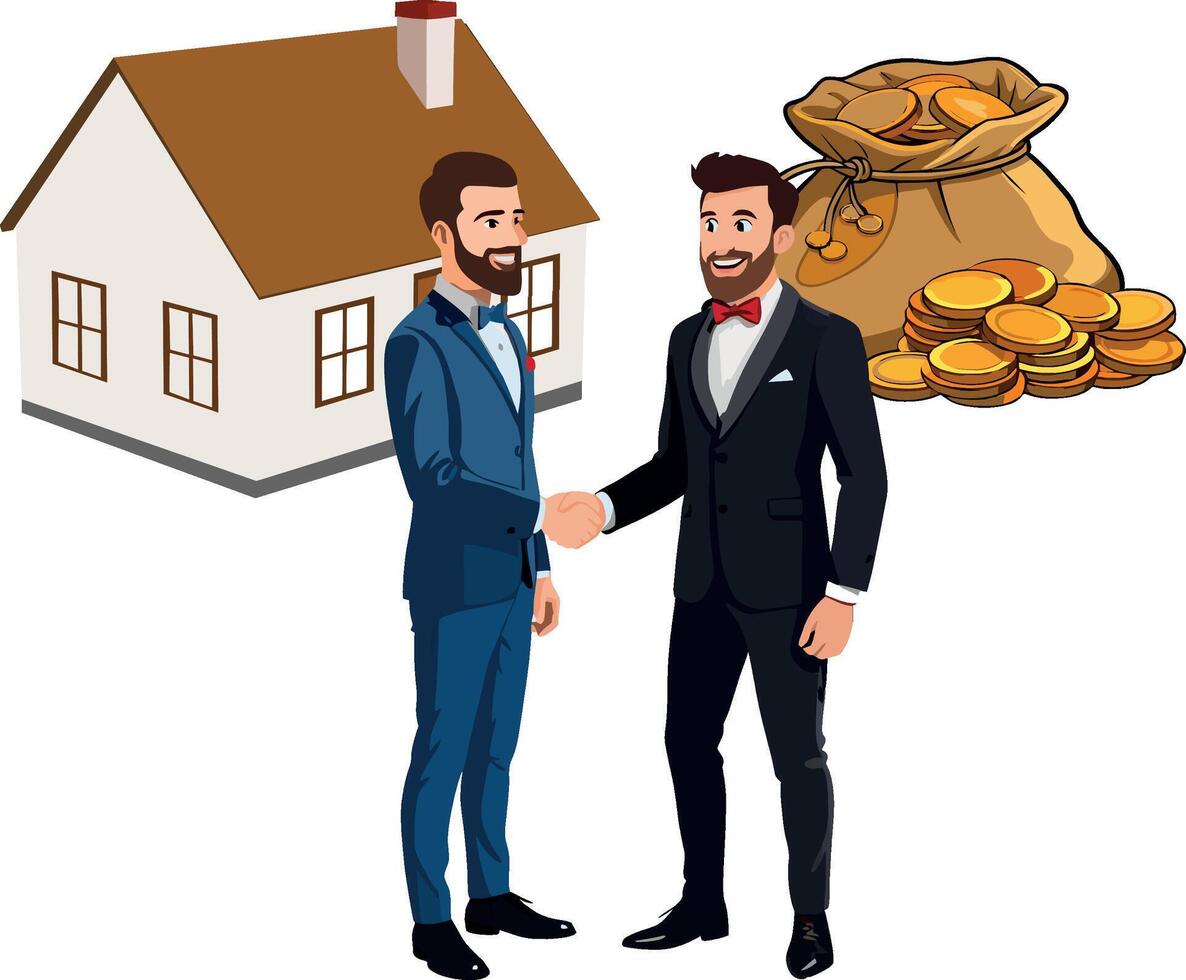 Two men shaking hands in front of a house with a bag of money vector