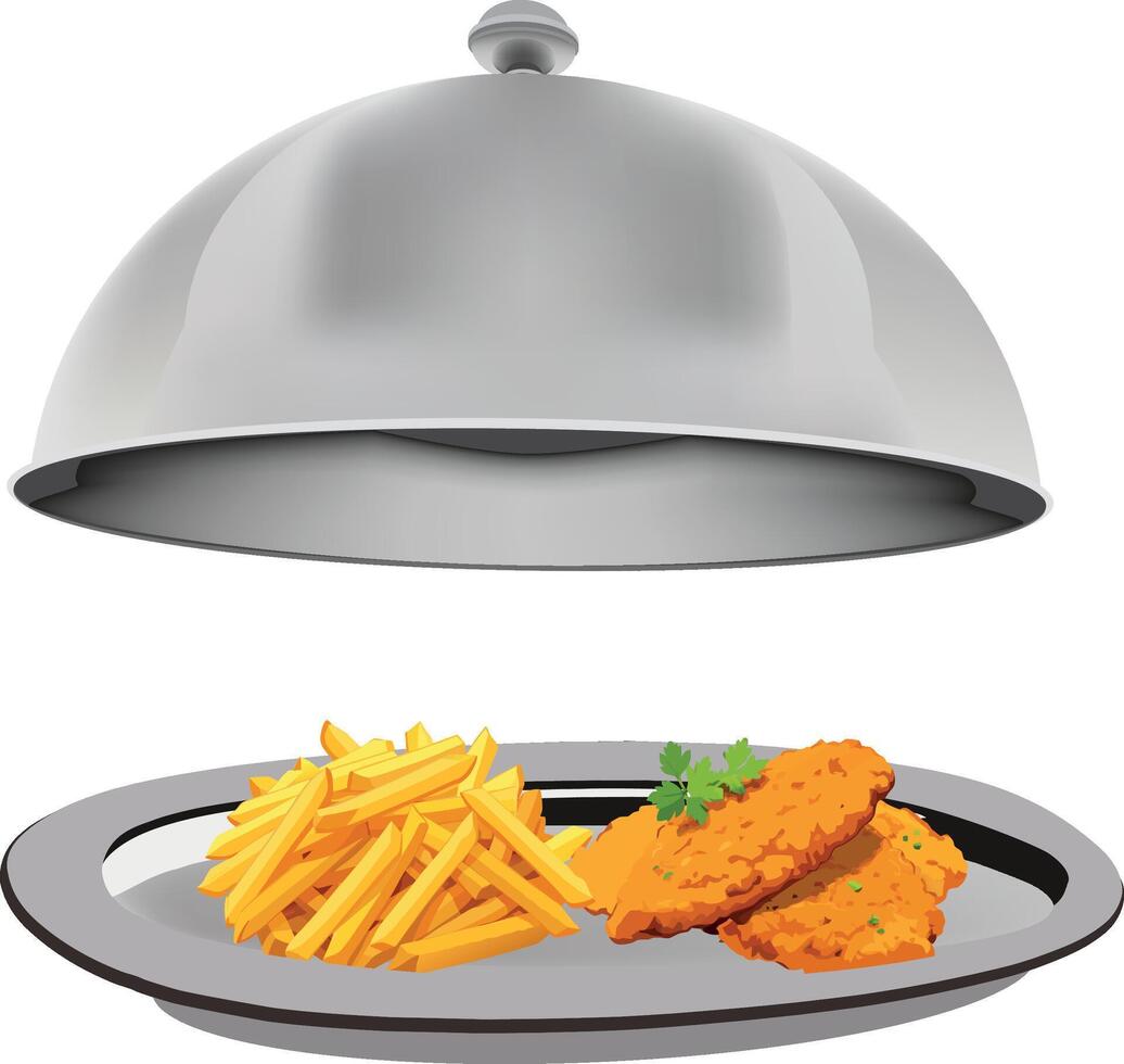 A plate with chicken and fries on it vector