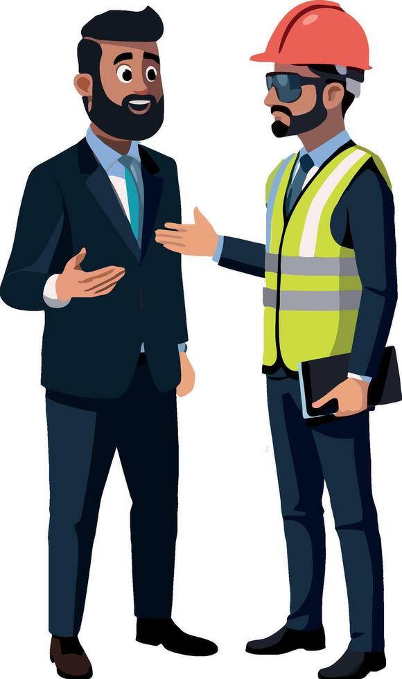 Two men in hard hats talking to each other vector