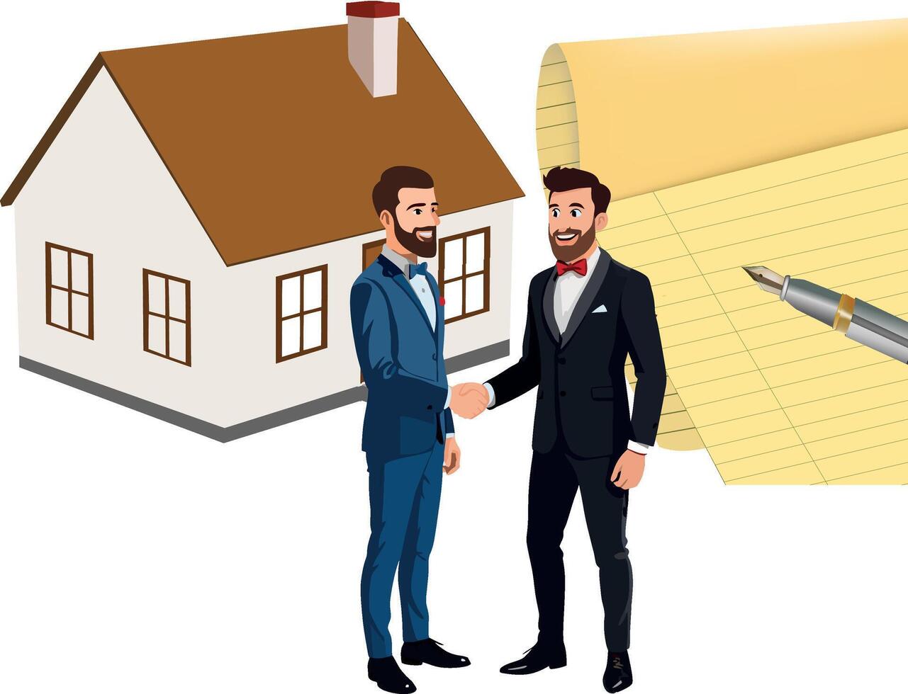 Two men shaking hands in front of a house with a pen and notepad vector
