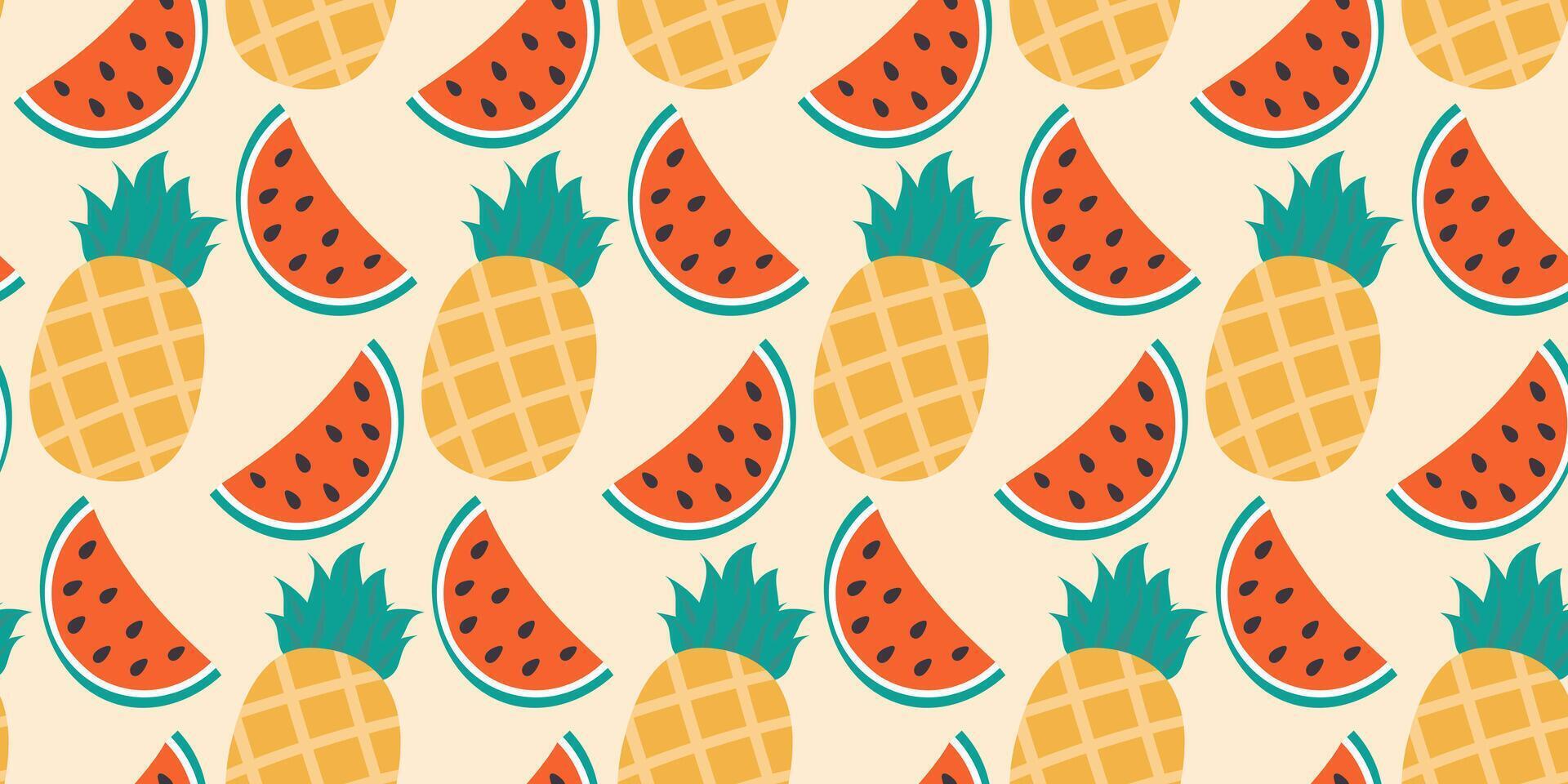 Pineapple and Watermelon slices Seamless pattern. Exotic healthy fruits summer background concept. Isolated illustration Wallpaper, wrapping or web promo banner Thematic cards, posting, leaflet vector
