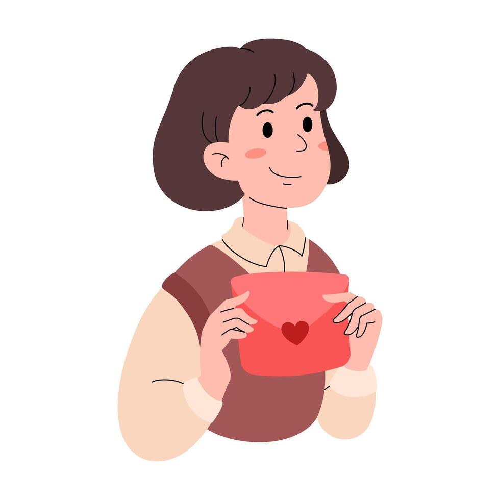Girl with red envelope with love message. Traditions and celebration of Valentine's Day. Feelings and relationships. February 14 celebration card. flat illustration. vector