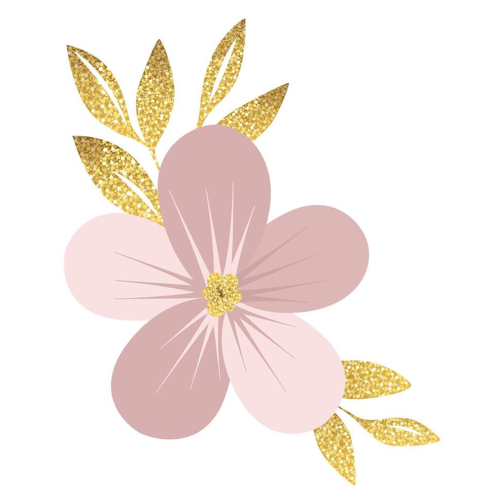 Pink flower with shining golden leaves. Gentle botanical composition vector