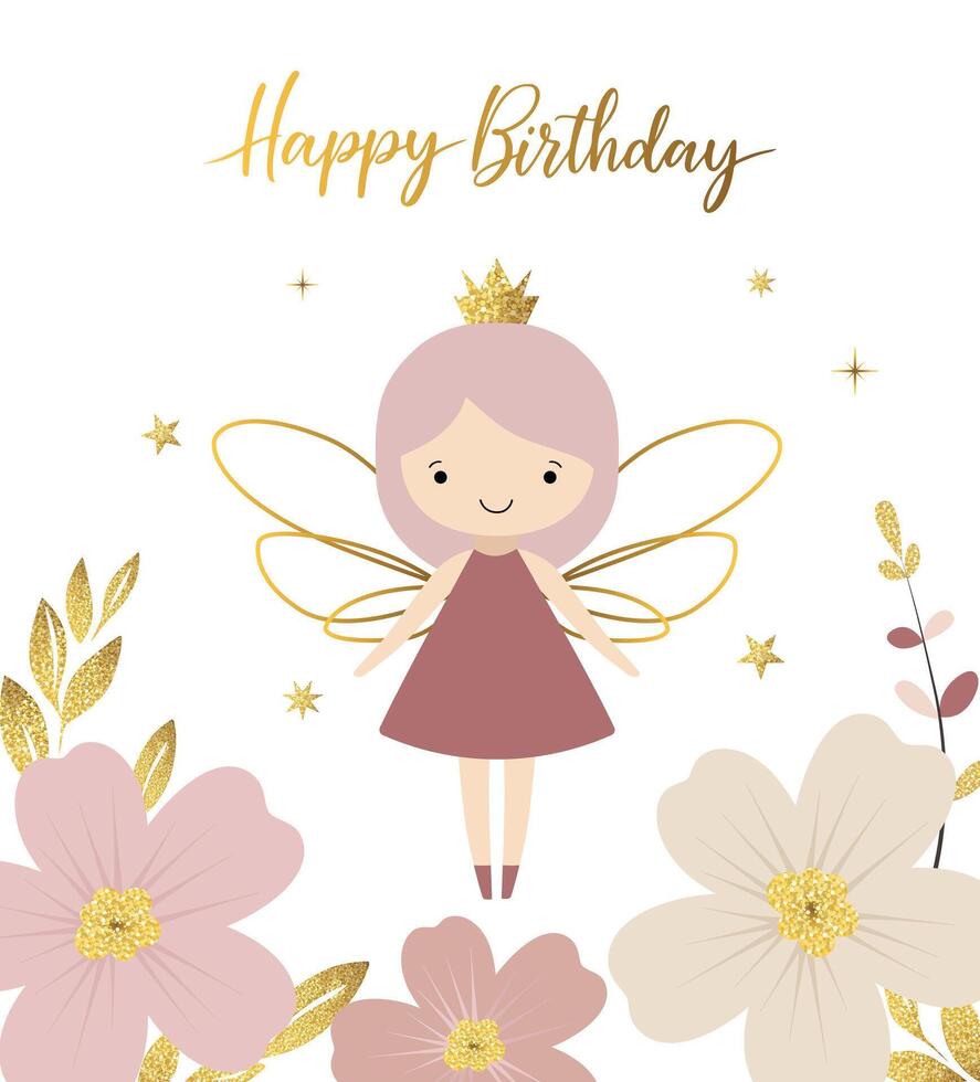 Happy birthday card with a cute fairy. Golden lettering. Gentle birthday template, greeting card, invitation vector