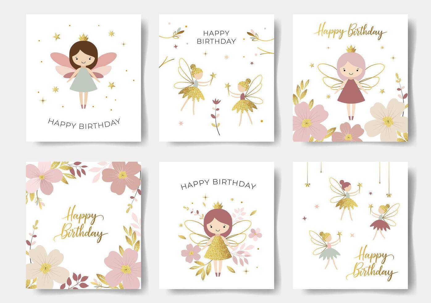 Set of happy birthday cards with a cute fairies and flowers. Gold lettering. Gentle fairies. Birthday templates vector