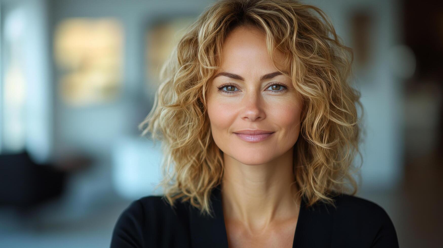 Smiling young woman with curly hair in a modern office setting during daylight photo