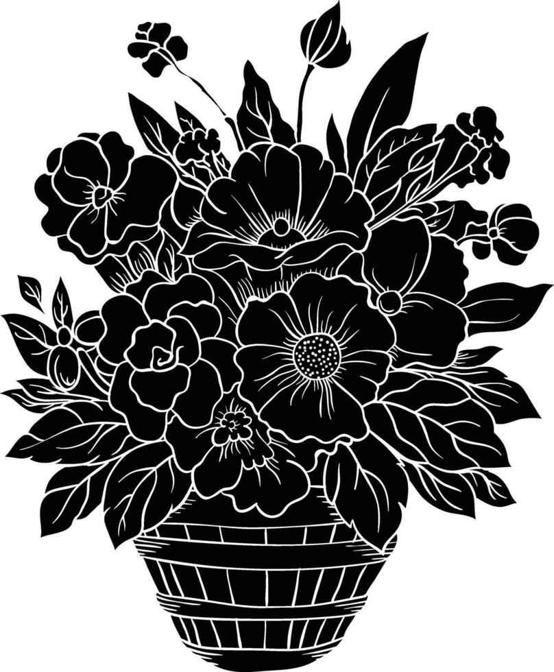 a black and white illustration of a bouquet of flowers vector