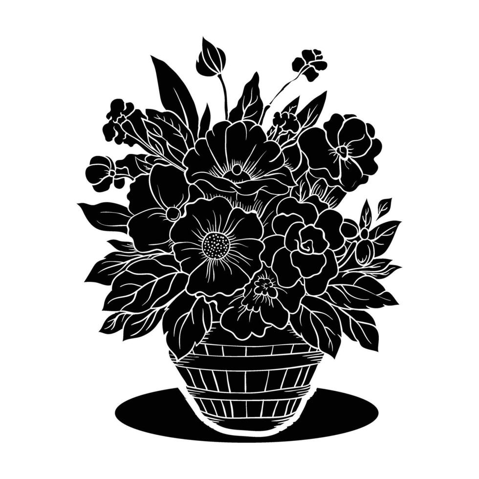a black and white illustration of a vase with flowers vector