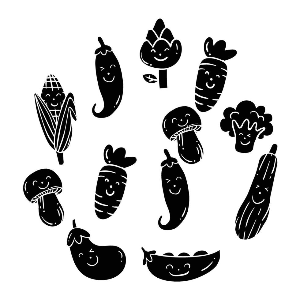 a set of vegetables in a circle with different faces vector